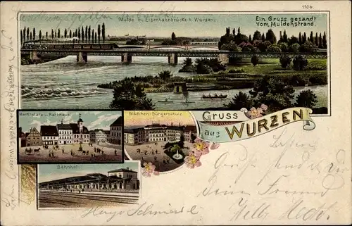 Litho Wurzen in Sachsen, Marktplatz, Rathaus, Mädchen Bürgerschule, Bahnhof, Eisenbahnbrücke