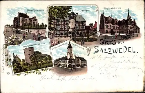 Litho Salzwedel in der Altmark, Gymnasium, Probstei, Amtsgericht, Burg Albrecht, Hotel
