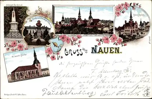 Litho Nauen im Havelland, St. Jacobi Kirche, Königsplatz, Denkmal Friedrich Wilhelm, Kriegerdenkmal