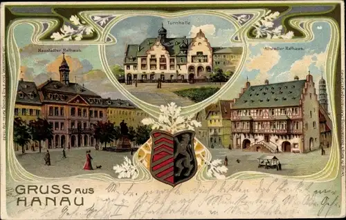 Litho Hanau am Main, Neustädter und Altstädter Rathaus, Turnhalle, Wappen