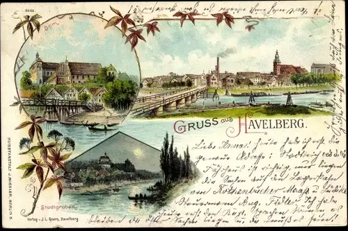 Litho Havelberg in Sachsen Anhalt, Stadtgraben, Dom, Teilansicht