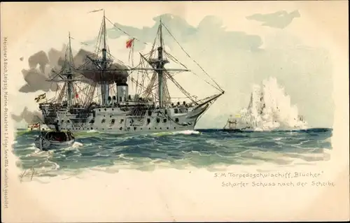 Künstler Litho Bohrdt, Hans, Deutsches Kriegsschiff, SMS Blücher, Torpedoschulschiff,scharfer Schuss