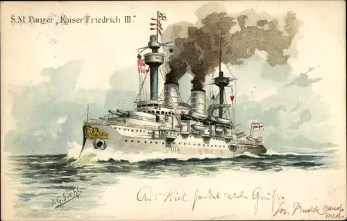 Künstler Litho Siehl, Deutsches Kriegsschiff, SMS Kaiser Friedrich III, Panzerschiff