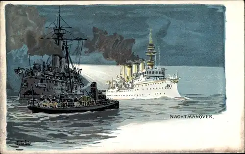 Künstler Litho Schön, C., Nachtmanöver, Kriegsschiffe, Dampfer