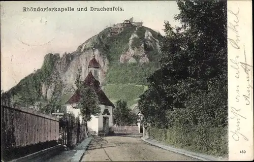 Ak Rhöndorf Bad Honnef am Rhein, Rhöndorfer Kapelle mit Blick auf Drachenfels