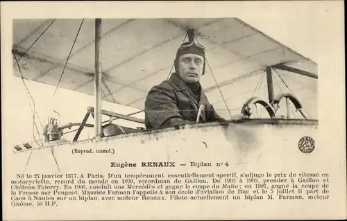 Ak Französisches Flugzeug, Eugene Renaux, Pilot, Biplan No 4