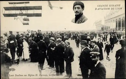 Ak Grande Semaine d'Aviation de Lyon, Louis Paulhan sur Biplan H. Farman