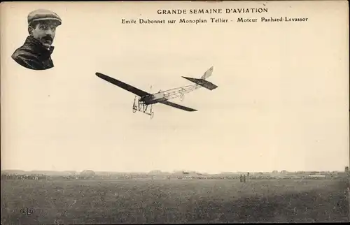 Ak Grande Semaine d'Aviation, Emile Dubonnet sur Monoplan Tellier, Moteur Panhard Levassor