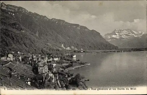 Ak Territet Montreux Kt. Waadt, Vue generale, les Dents du Midi, See