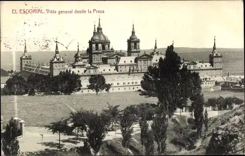 Ak San Lorenzo de El Escorial Madrid, Vista general desde la Presa