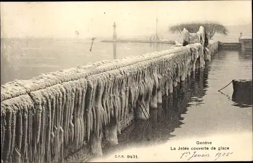 Ak Genève Genf Stadt, La Jetée couverte de glace, Frost am Hafen