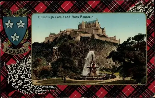 Ak Holyrood Edinburgh Schottland, Castle and Ross Fountain, Wappen Fraser
