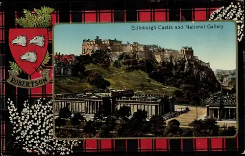 Ak Holyrood Edinburgh Schottland, Castle and National Gallery, Wappen Robertson