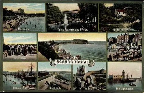 Ak Scarborough North Yorkshire, The Sands, Velley Fountain and Bridge, The Lighthouse, The Castle