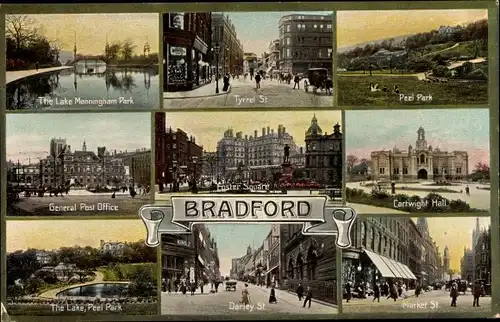 Ak Bradford West Yorkshire England, Lake Manningham Park, Tyrrel St, Cartwright Hall, Post Office