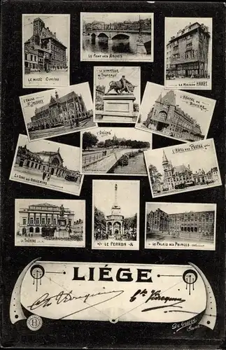 Ak Liège Lüttich Wallonien, Brücke, Denkmal, Le Perron, Palaix, Collage aus Stadtansichten