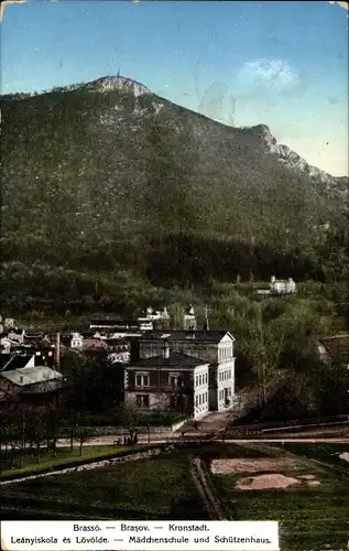 Ak Brașov Brassó Kronstadt Rumänien, Mädchenschule und Schützenhaus, Panorama mit Berg