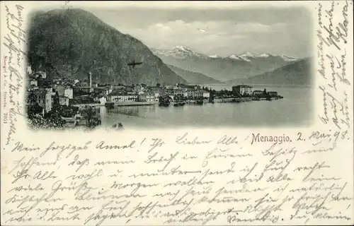 Ak Menaggio Lago di Como Lombardia, Panoramaaufnahme Ort, See und Berge