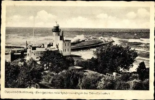 Ak Kołobrzeg Kolberg Pommern, Leuchtturm mit Hafeneinfahrt, Windstärke 9
