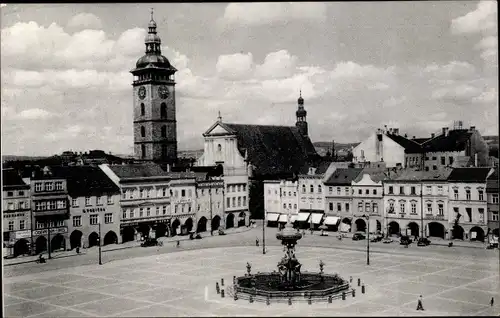 Ak České Budějovice Budweis Südböhmen, Platz, Brunnen, Kirchturm