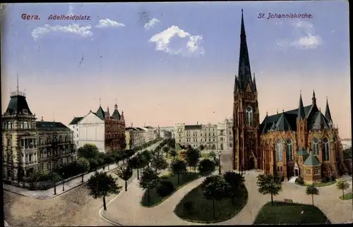 Ak Gera, Partie am Adelheidplatz mit der Sankt Johanniskirche, Allee