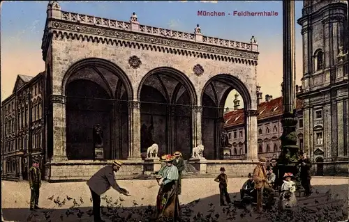 Ak München, Feldherrnhalle, Tauben füttern