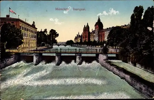 Ak München Bayern, Isarquai, Fluss, Brücke