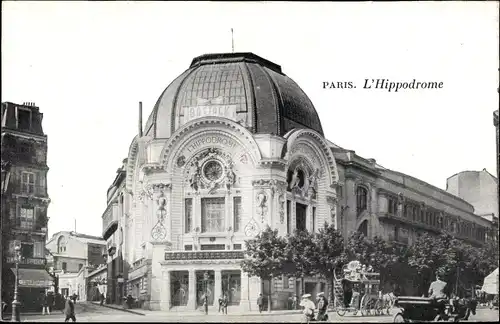Ak Paris, L'Hippodrome, Straßenpartie, Kutschen, Passanten, Eingang