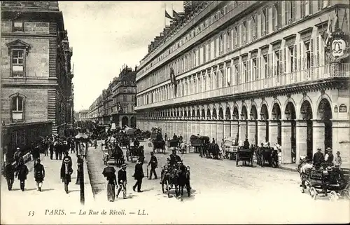 Ak Paris, Rue de Rivoli, Kutschen, Straßenpartie