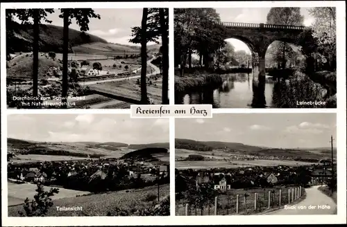 Ak Kreiensen Einbeck, Schwimmbad mit Naturfreundehaus, Leinebrücke, Teilansicht, Blick von der Höhe