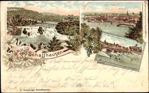 Litho Schaffhausen am Rhein Schweiz, Rheinfall, Panorama, Rheinbrücke