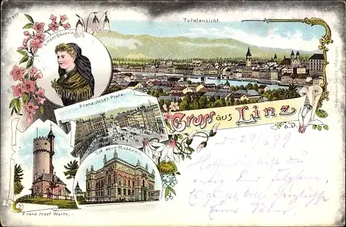 Litho Linz in Oberösterreich, Bäuerin, Franz Josef Warte u. Platz, Museum, Panorama