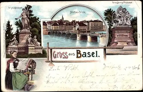 Litho Bâle Basel Stadt Schweiz, St. Jakob Denkmal, Alte Rhein-Brücke, Straßburger Denkmal