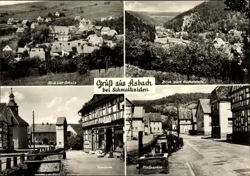 Ak Asbach Schmalkalden Thüringer Wald, Blick zum Hachelstein, Dorfpartie, Konsum, Blick zur Schule