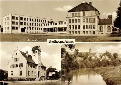 Ak Breitungen Thüringen, Oberschule, Rathaus, Schloss, Uferpartie