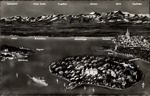 Ak Insel Mainau im Bodensee, Panorama mit Orten, Bergen, Dampfer