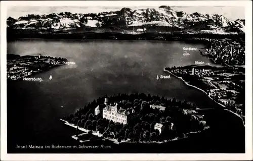 Ak Insel Mainau im Bodensee, Panorama mit Schweizer Alpen, Orte