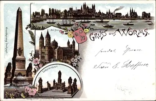 Litho Worms am Rhein, Dom, Panorama, Großherzogdenkmal, Lutherdenkmal, Wappen