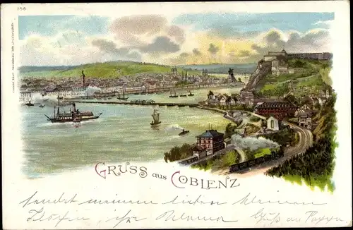 Litho Koblenz am Rhein, Panorama, Eisenbahn