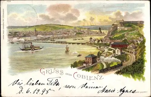 Litho Ehrenbreitstein Koblenz am Rhein, Stadtansicht, Dampfer