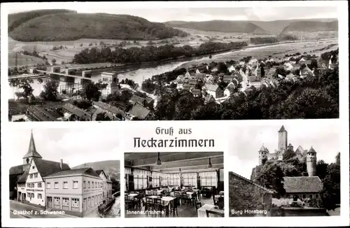 Ak Neckarzimmern im Neckartal, Panorama, Burg Hornberg, Gasthof z. Schwanen, Speisesaal, aussen