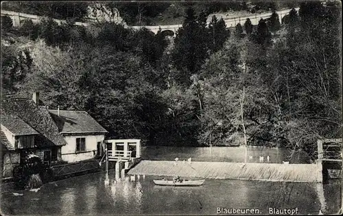 Ak Blaubeuren in Württemberg, Blautopf, Mühle, Boot