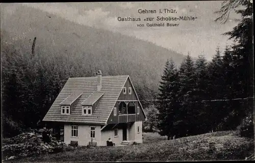 Ak Gehren Ilmenau in Thüringen, Gasthaus zur Schobse-Mühle, Außenansicht, Waldrand