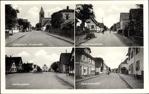 Ak Ötigheim im Schwarzwald, Kirchstraße, Rebgartenstraße, Rathausplatz, Bahnhofstraße