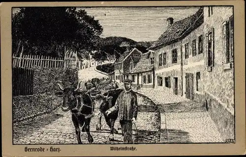 Künstler Ak Gernrode Quedlinburg im Harz, Wilhelmstraße, Ochsenkarren, Bauer, Ernte