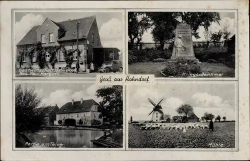 Ak Hohndorf im Erzgebirgsvorland, Gastwirtschaft, Kriegerdenkmal, Partie am Teich, Mühle