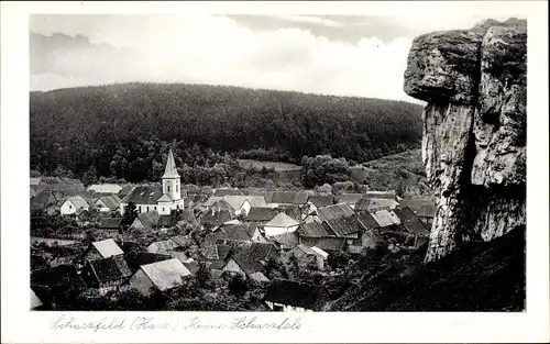 Ak Scharzfeld am Harz Niedersachsen, Ruine Scharzfels, Ortsansicht mit Kirche