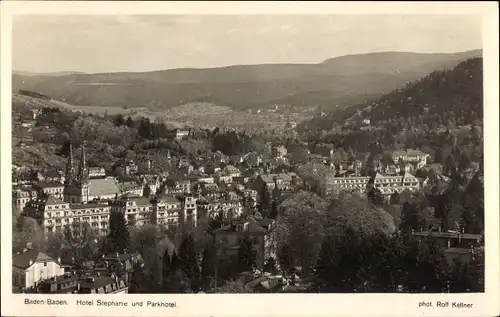 Ak Baden-Baden am Schwarzwald, Hotel Stephanie und Parkhotel, Ortsansicht mit Kirche