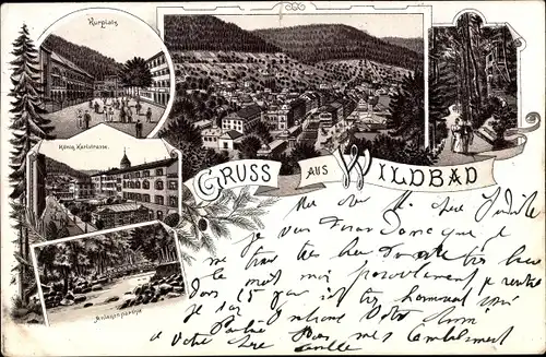 Litho Bad Wildbad Baden Württemberg, Panorama vom Ort, Kurplatz, König Karlstraße, Anlagenpartie