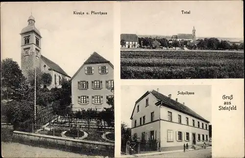 Ak Steinfeld in Rheinland Pfalz, Kirche, Pfarrhaus, Totalansicht, Schulhaus